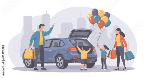 Family with two kids excitedly taking selfie in front of their new electric car, holding charging