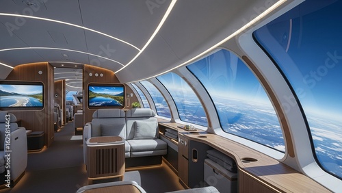 The luxurious interior of a futuristic airship or high-altitude travel vessel, featuring large panoramic windows with a view of Earth's atmosphere and modern design.
