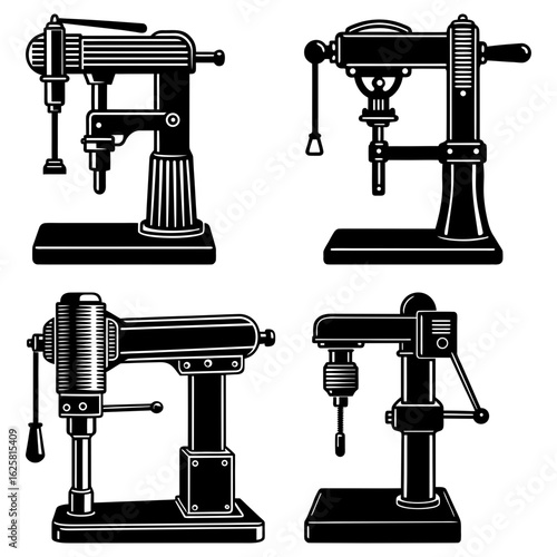 Illustration depicting four different vintage style drill presses in black and white monochrome design