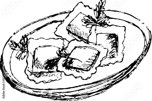 Plate of ravioli with herbs in hand-drawn sketch style 
