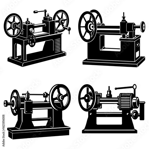Four vintage lathe machines in black and white with visible wheels and mechanical components shown