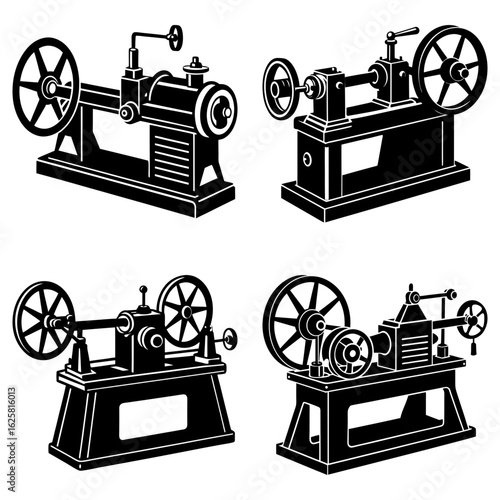 Illustration showing four different styles of vintage lathe machines with flywheels in a black and white drawing
