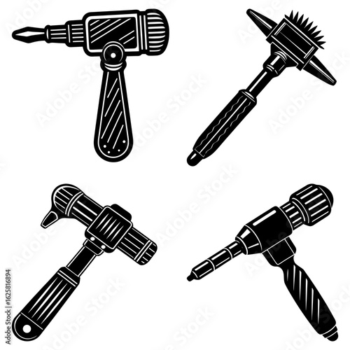 Illustration of four different medical percussion hammers in black and white detailed vector drawing