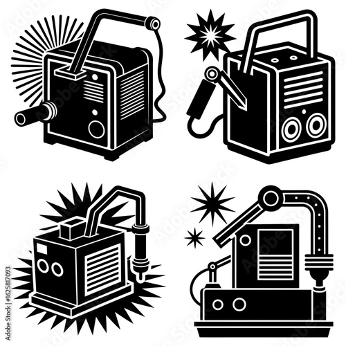 Illustration featuring four distinct welding machines with varying designs and spark effects around them
