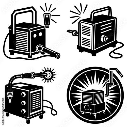 Illustration showing four welding machines with different designs and welding effects in black and white