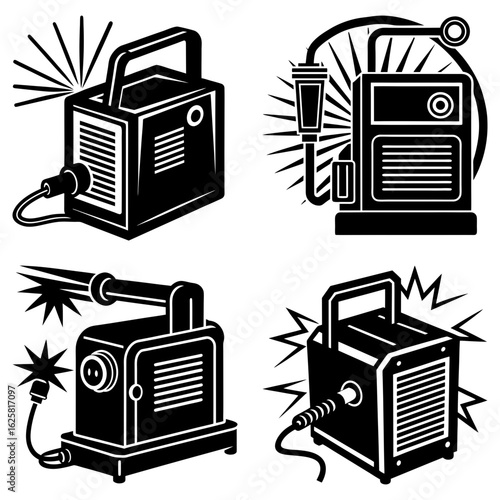 Four welding machines in black and white with different styles and designs in a vector illustration