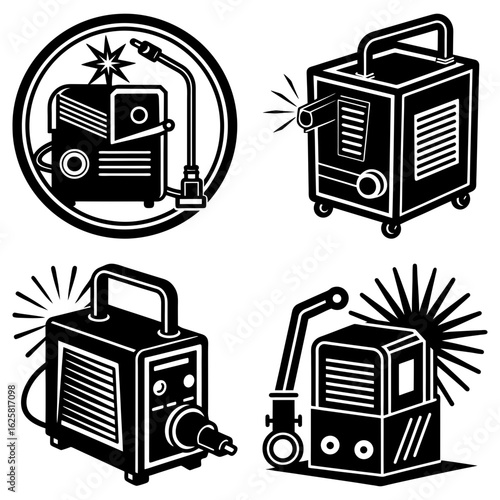 Illustration of four welding machines in black and white with different styles and configurations