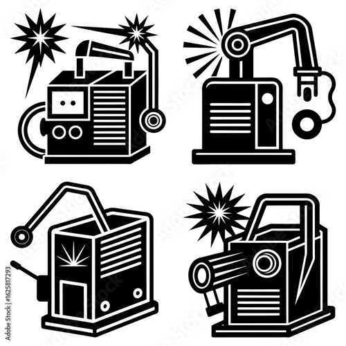 Illustration of four industrial welding machines with sparks in black and white outline style design set up