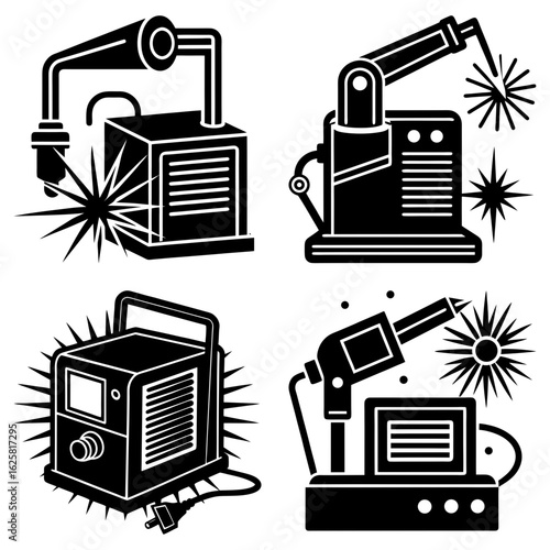 Illustration showing four welding machines with sparks and different designs in black and white style