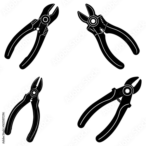 Four black and white illustrations of wire cutters in various orientations on a white background tool image