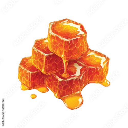 Realistic Honeycomb Vector Illustration with Dripping Honey on Transparent Background 