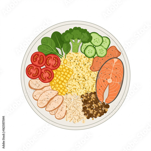 Healthy Balanced Meal Bowl with Salmon Chicken and Fresh Vegetables Isolated