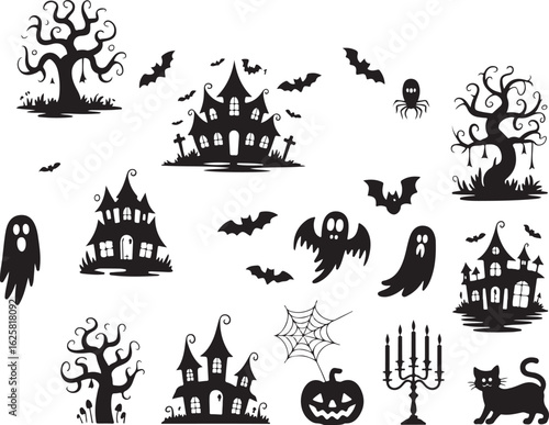 Spooky Halloween silhouette icon set concept. Vector illustration of haunted houses, bats, ghosts, and pumpkins for holiday design.