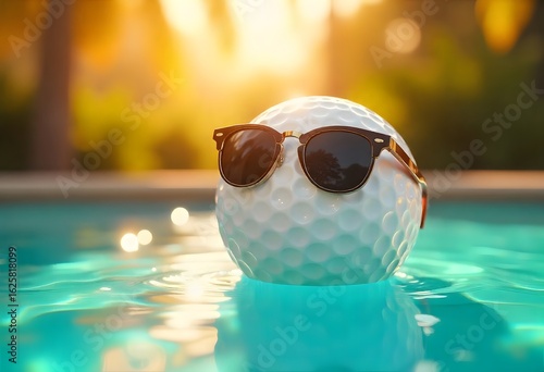 Animated golf ball wearing sunglasses and floating in a swimming pool.