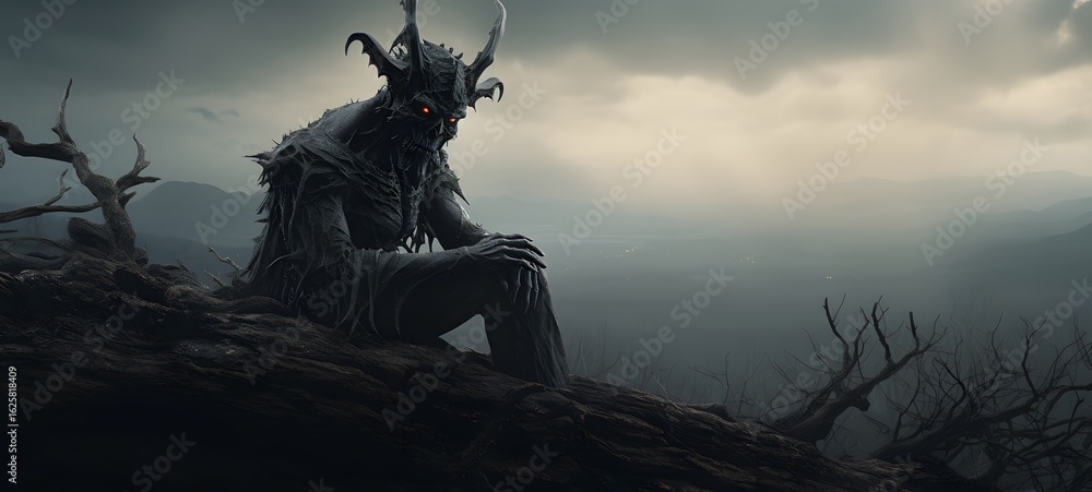 Fototapeta premium A haunted gothic devil perched on a wind-swept hill,generative AI