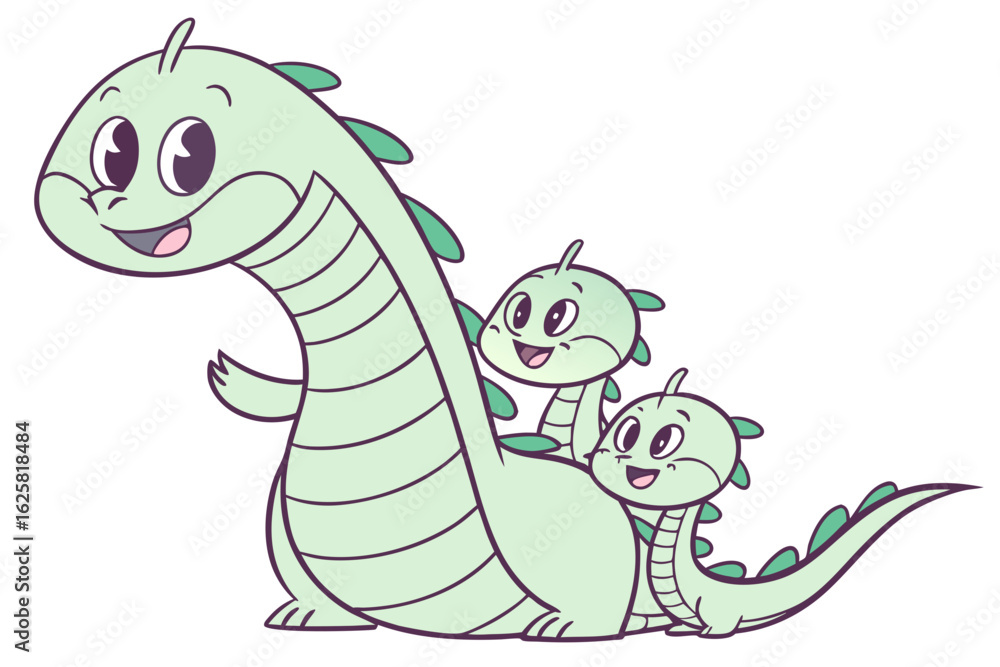 Fototapeta premium Baby hydra cartoon, multiple tiny heads, simple vector style, soft green color, happy face