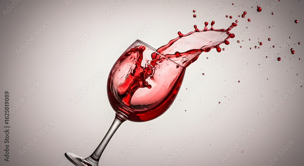 Fototapeta premium Red liquid splashing out of a clear glass, frozen mid-air, creating a dynamic and visually appealing image.