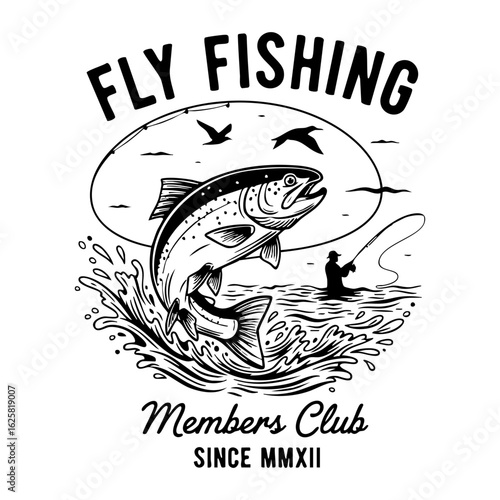 Vintage Fly Fishing Emblem with Trout, Fisherman, and Retro Typography