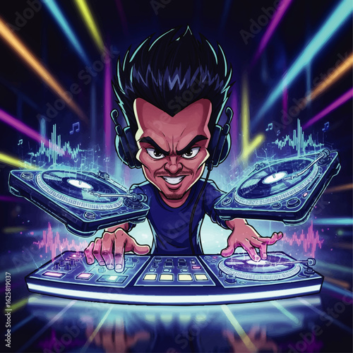 Cartoon illustration of a DJ with turntables and mixer, performing with energy against a vibrant, colorful, neon light background.