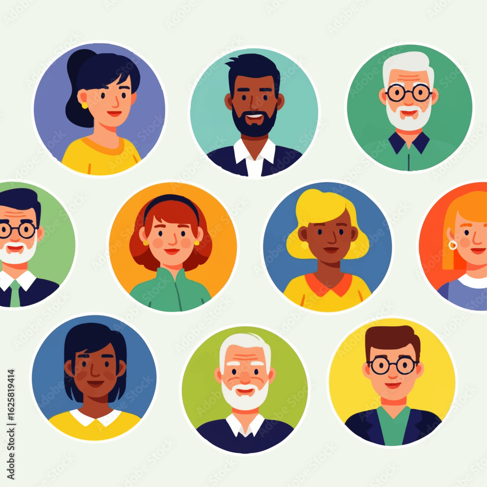 A collection of diverse people portraits, presented in colorful circular frames. A collection of diverse people portraits, presented in colorful circular frames.