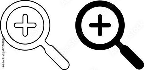 Magnifying Glass icons. magnifier with plus symbol. loupe with plus mark sign. Research tool concept. find information. zoom in icons
