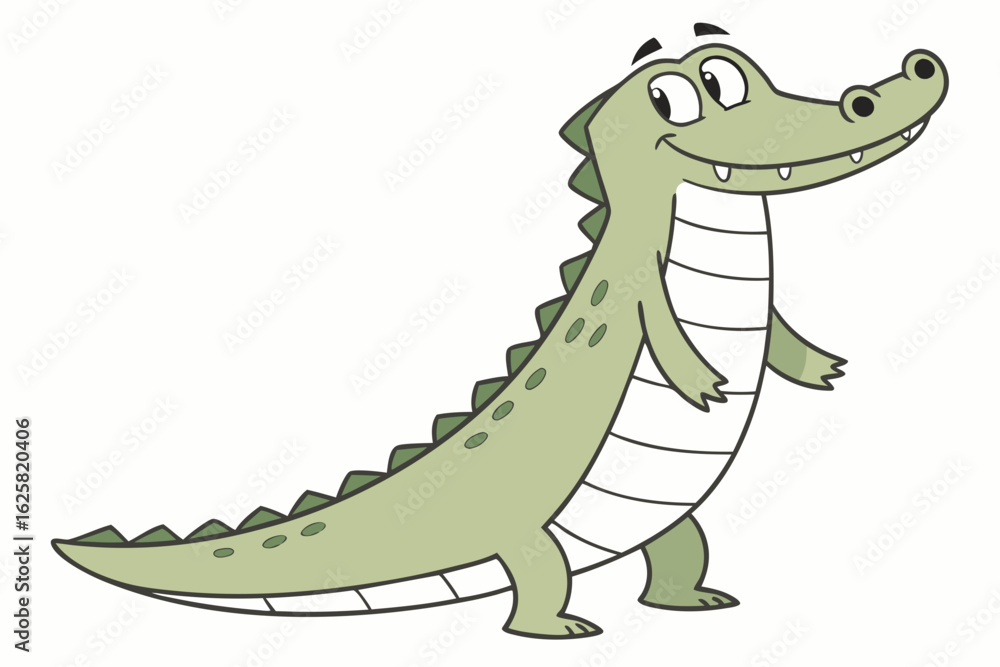 Naklejka premium Cartoon crocodile vector, simplified flat design, green tone, smiling, standing upright, white background