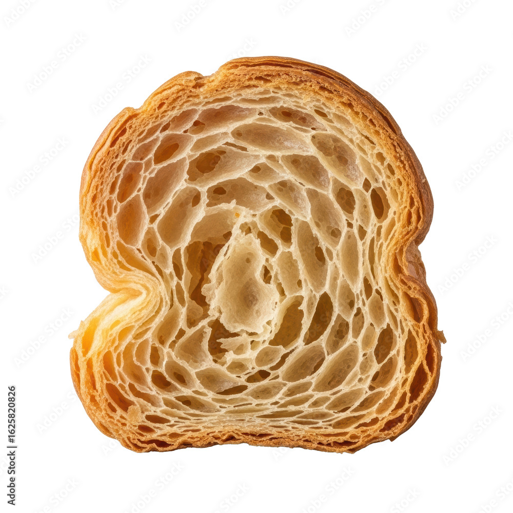 Obraz premium Solitary croissant crust, extreme close-up, delicate flaky texture, peeling, separating, dry, brittle, dull light golden-brown, isolated against transparent background Concept of textural study