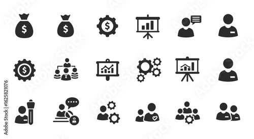Financial and Business Icons Set with Gear, Chart, and People Symbols for Digital Marketing and