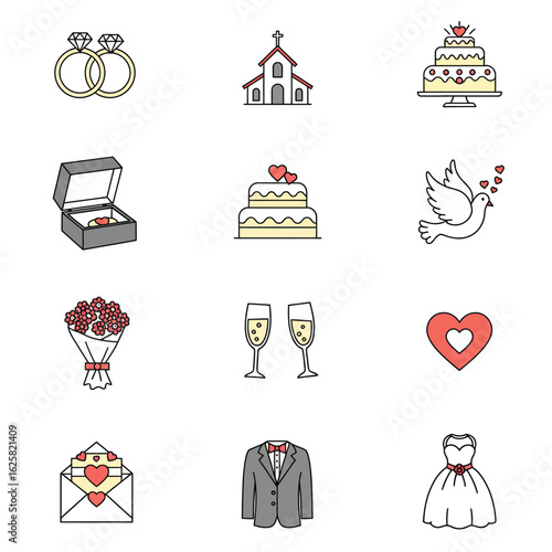Wedding Celebration Icons Set with Rings Church Cake and Love Symbols