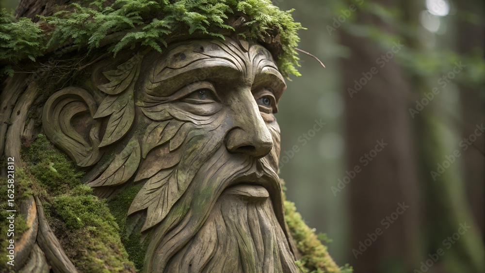 Obraz premium Wood and moss hybrid sculpture resembling ancient forest deity face
