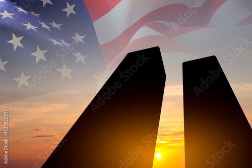 Silhouette of Twin Towers and USA flag against the sunset. Patriot Day banner. 9.11.2001