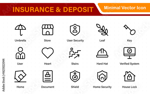 Insurance and deposit- minimal thin line web icon set. Insurance editable stroke symbols collection. Life, Car, House, Care, Money Insurance.