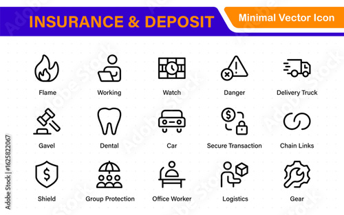 Insurance and deposit- minimal thin line web icon set. Insurance editable stroke symbols collection. Life, Car, House, Care, Money Insurance.