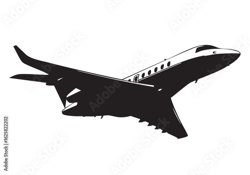Sleek black and white private jet design ascending gracefully with modern minimalist vector illustration and commercial aviation theme