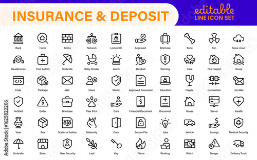 Insurance and deposit- minimal thin line web icon set. Insurance editable stroke symbols collection. Life, Car, House, Care, Money Insurance.