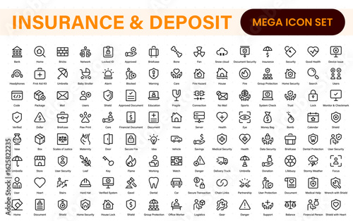 Insurance and deposit- minimal thin line web icon set. Insurance editable stroke symbols collection. Life, Car, House, Care, Money Insurance.