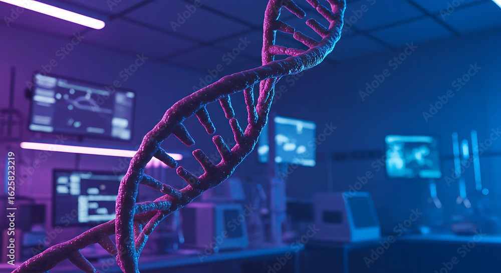 Naklejka premium A DNA double helix model dominates a futuristic, brightly lit laboratory setting.
