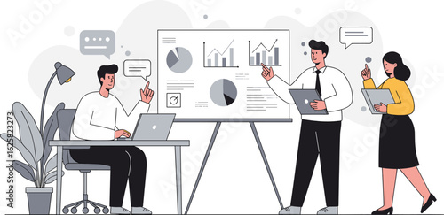 Business Vector Illustration with Presentation People and Statistics Whiteboard Modern Style