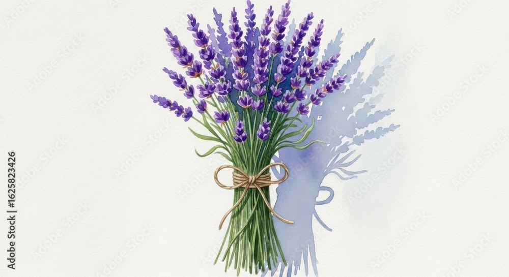Naklejka premium Watercolor illustration of a bouquet of purple lavender tied with twine on a white textured background with a soft shadow
