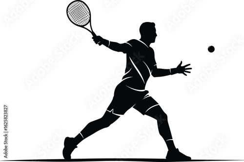 Tennis player silhouette hitting forehand shot, dynamic sports action, athletic movement, competitive game, vector illustration, active pose, design asset