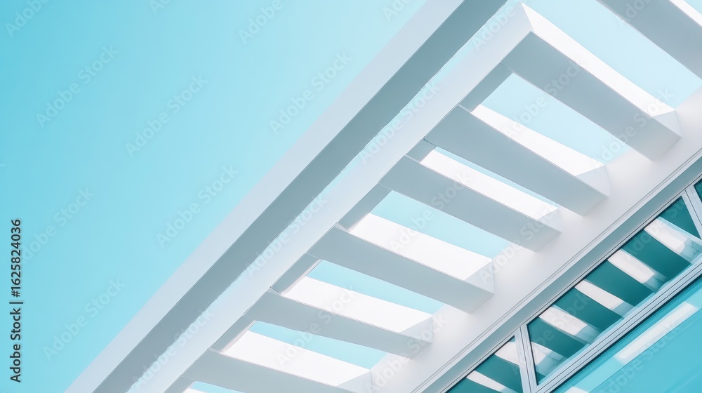 Obraz premium Modern building's geometric design against a light blue sky. White beams create sharp angles, making for a minimalist and contemporary photo.