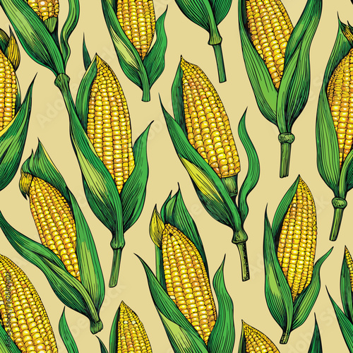 A vibrant, seamless pattern features fresh, yellow corn on the cob with green leaves, perfect for an agricultural food or harvest background