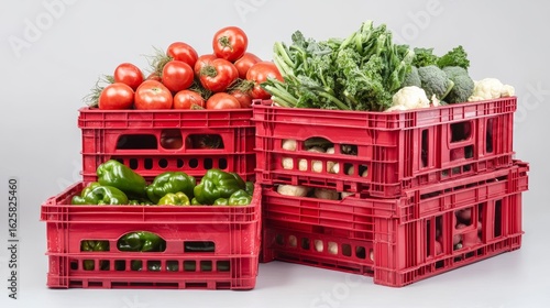 Red plastic crates for vegetables are shown front and side. They are used for grocery delivery and storing fruit in supermarkets. These reusable containers help organize warehouses.