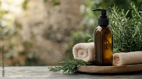 Shampoo bottle on a table with towels and a rosemary herb.
