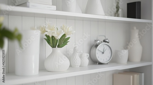 Simple decor on white shelves creates a clean and modern Scandinavian style. A vase, figurine, and clock add personality, while leaving plenty of room for personal touches.