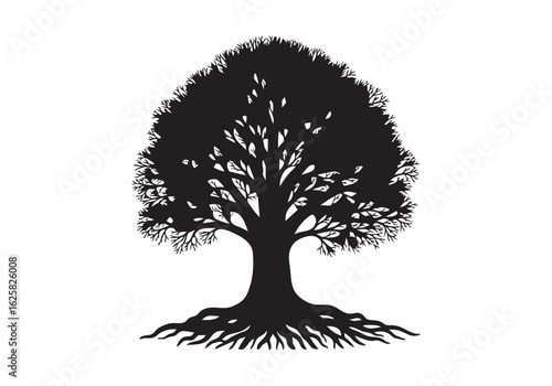 Silhouette of a Large Oak Tree with Visible Roots Representing Strength and Nature on a White Background