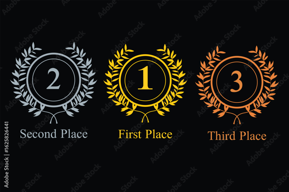 Naklejka premium First Second Third Place Laurel Wreath Vector Set, Award Medal Emblem, Winner Badge Design
