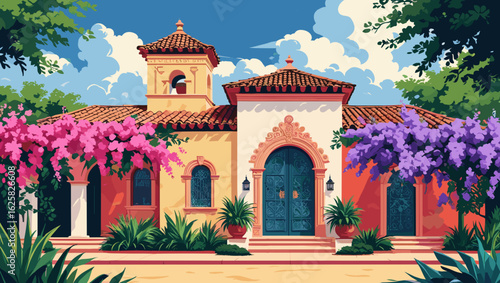 Charming Mediterranean villa in vibrant mood adorned with bougainvillea and tropical plants