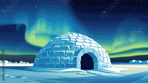 Beautiful ice igloo in serene mood under northern lights in a starry winter night