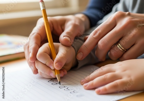 Parent assists young child with writing practice, fostering early literacy and educational